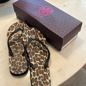 Tory Burch Animal Print Flip Flops with Black Straps
